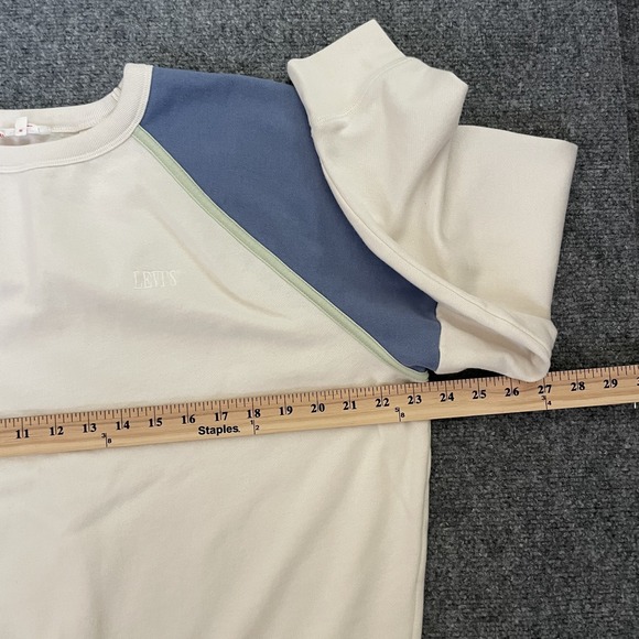 Levi's Sweatshirt Large Unisex Cream Blue Raglan Crewneck Pullover Chest Logo - Picture 4 of 7